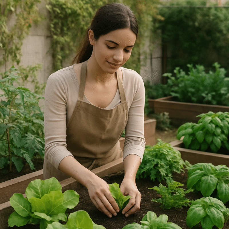 Una hermosa huerta urbana con plantas frescas y vibrantes.