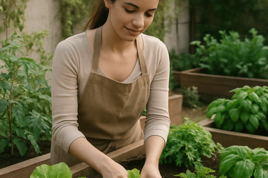 Una hermosa huerta urbana con plantas frescas y vibrantes.